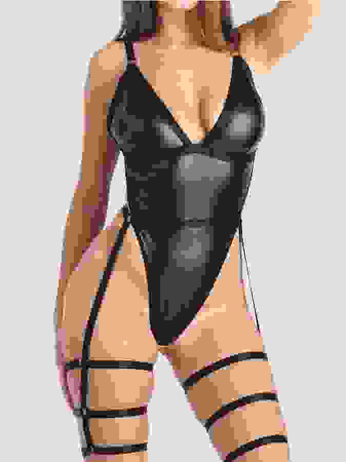 Lovehoney Fierce Wet Look Leg Harness Teddy, Black, hi-res